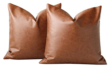 Juego de 2 fundas de cojines de 45x45cm, fundas de cojines de algodón de piel sintética Accent Modern Country Farmhouse Style Fundas de cojines marrones para el sofá de la sala de estar del dormitorio