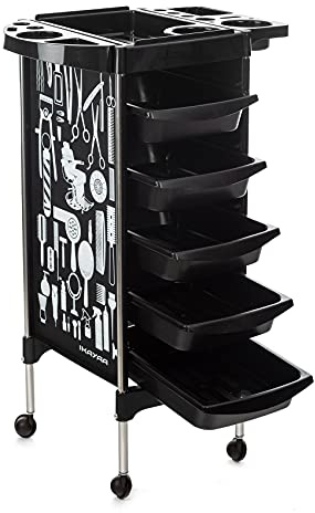IKAYAA Carros de peluquería Productos de peluquería | Carro enrollable de salón con 5 cajones extensibles Soporte plegable | Cochecito de peluquería SPA para estilista Peluquería peinado | Negro