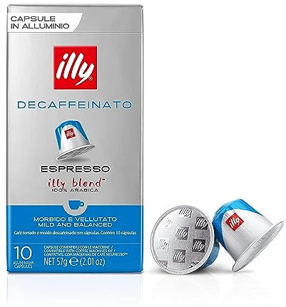 illy, Caffè in Capsule Compatibili in Alluminio DECAFFEINATO, 100% Arabica con Note di Caramello, Cioccolato e Pan Tostato, Senza Caffeina, Gusto Equilibrato, 10 Confezioni da 10 Capsule (100 Totali)