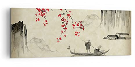 Cuadro sobre Lienzo 140x50cm Moderno Panorámico Paisajes Personas - 5020 | Flor Guindas Japón Cuadro Decorativo Grande Arte mural Decoración del Hogar Salón Dormitorio Cocina Oficina Cuadros de Pared