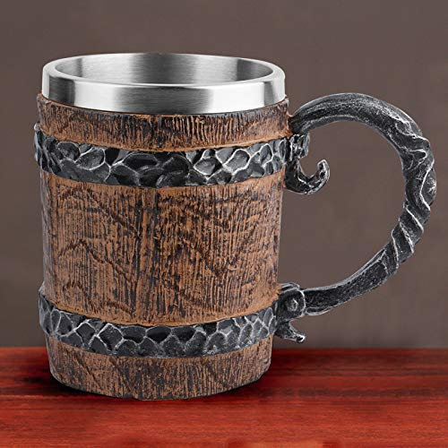 Pilipane Tasse en fût de chêne,chope à bière en bois, tasse fabriquée à la main en acier inoxydable vintage viking, tasse à eau personnalisée pour décoration de cuisine de bar, restaurant
