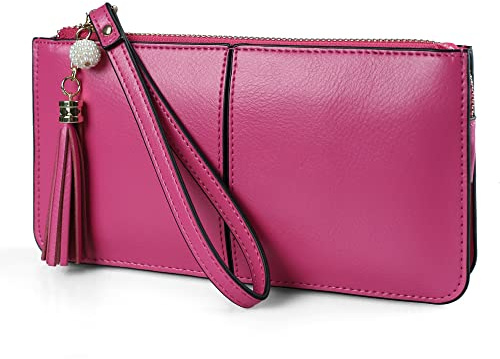 befen Pochette en cuir véritable pour femme, petite pochette pour femme avec dragonne, rose vif, Taille unique, Contemporain