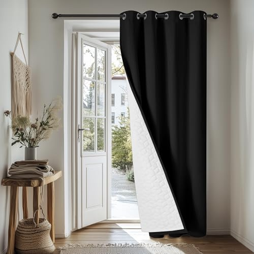 Deconovo Lot de 1 Rideau occultant, Opaque, avec Volants, Thermique, pour Chambre à Coucher, Salon, Isolation Thermique Dos Blanc, 200L X 260H cm (1 Panneaux) Noir