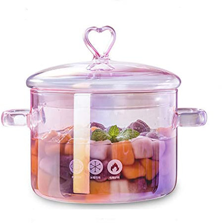 Batería De Cocina Vidrio Cacerola Con Tapa, 1.6L Resistente Al Calor Olla Para La Estufa, Juego Utensilios Cooktop Seguro Regalo Navidad Fideos Pasta, Leche, Sopa,Rosado