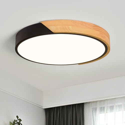 Qamra Plafonnier LED, Plafonniers Modernes en Bois Noir 30 cm, Plafonnier Rond 24W pour Salon, Chambre à Coucher, Cuisine, Couloir 4000K