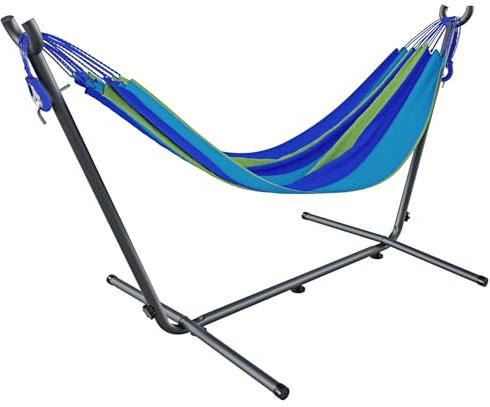 Amaca Da Giardino Con Supporto In Acciaio Portata 200 Kg Altezza Regolabile Telo Cotone Resistente Amaca Brasiliana Esterno Terrazzo Piscina Balcone Con Borsa 265 x 110 x 100 Cm Multicolore (Blu)