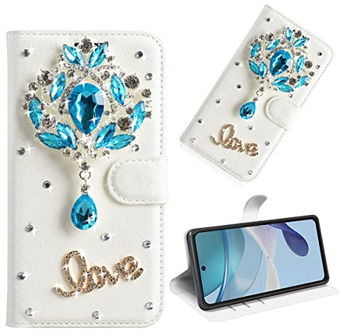 BLOTECH Handyhüllen für TCL 40 SE Glitzer Hülle Leder Hülle Weiß PU Wallet Flip Case Ledertasche Schutzhülle Glänzende Glitzer Bling 3D Blue Pendant Strass Diamant Hülle Lila Bumper Handyhülle