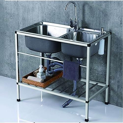 Cucina da esterno giardino lavello in acciaio inox , Lavello cucina multifunzione doppia vasca Con rubinetto dell'acqua calda e fredda, cestello di scaricoper Interno Esterno Garage Lavanderia ( Size