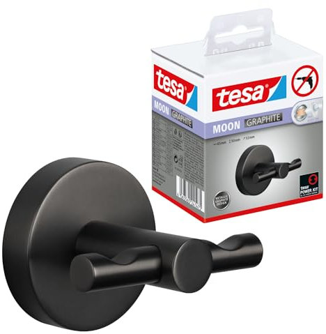 tesa MOON GRAPHITE Bademantelhaken in gebürstetem Grafit - selbstklebender Wandhaken aus PVD-beschichtetem Metall - ohne Bohren, inkl. Klebelösung - 65mm x 50mm x 53mm