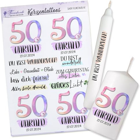 FEENSTAUB Kerzentattoos Geburtstag, personalisierbare Kerzenaufkleber, Transferfolie für Kerzen für den Geburtstag, Kerzen Tattoos, Aufkleber Kerzen, Kerzen beschriften, Folie für Kerzen