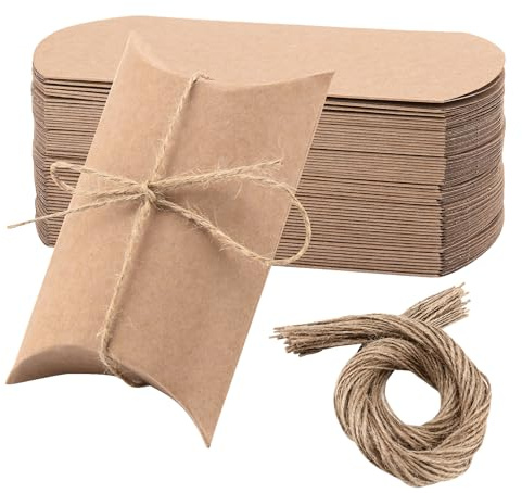 ZEONHAK 150 cajas de almohada de papel kraft, caja de almohada de 13 x 8,8 cm con 150 cordeles de yute, cajas de regalo de almohada para aniversario, cumpleaños