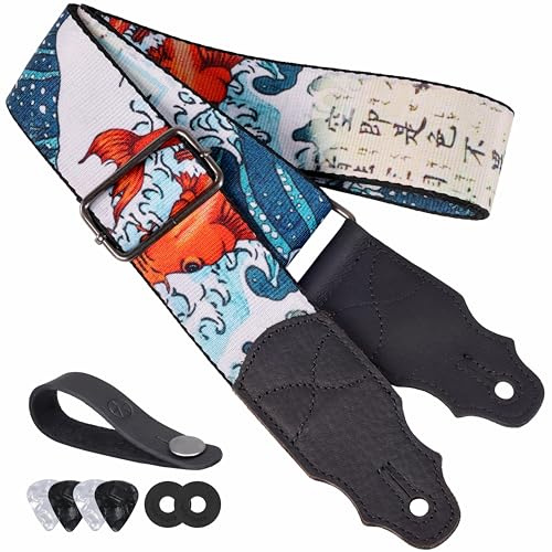 YIKOKO Tracolla per chitarra, 5,1 cm, con testa in pelle bovina, per chitarra acustica e basso, con bottone per tracolla, chiusure per tracolla e plettri per chitarra