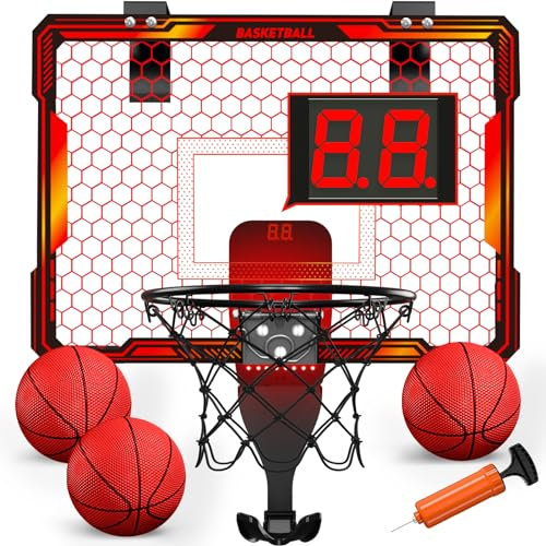 HYES Mini Basketballkorb Mit 7 Beleuchtung für Kinder, 3 Modi, Elektronischer Anzeigetafel, 3 Bälle, Pumpe, Indoor Outdoor Sport Spielzeug, Rot