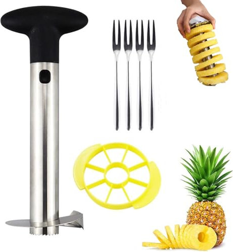 JJKTO Vide-Ananas Et Trancheuse, Coupe-Ananas, Outil De Retrait De Tranche, Évideur D'ananas, Cutter, Slicer avec,Lame Tranchante Plus Epaisse en Acier Inoxydable Poignée Antidérapante