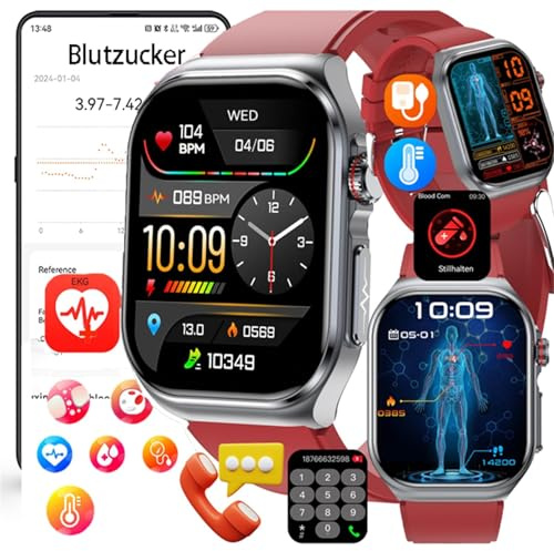 Fohatu Neu 𝐁𝐥𝐮𝐭𝐳𝐮𝐜𝐤𝐞𝐫 Smartwatch Herren 𝐃𝐢𝐚𝐛𝐞𝐭𝐞𝐬 ECG Smartwatch Mit Telefonfunktion,ECG Bludruck 𝐛𝐥𝐮𝐭𝐟𝐞𝐭𝐭𝐞 Harnsäure,Fitness Tracker Bluetooth Anrufen, Rot