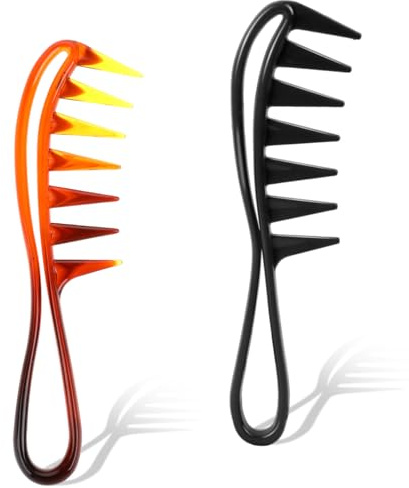Curl Comb for Brushing out Curls, 2 PCS Wide Tooth Comb Large Tooth Combs Curl Hair Brush Durable Plastic Curly Hair Combs for Women, Hairstyling Tools for Wet Wavy Hair Wigs (Black,Amber)