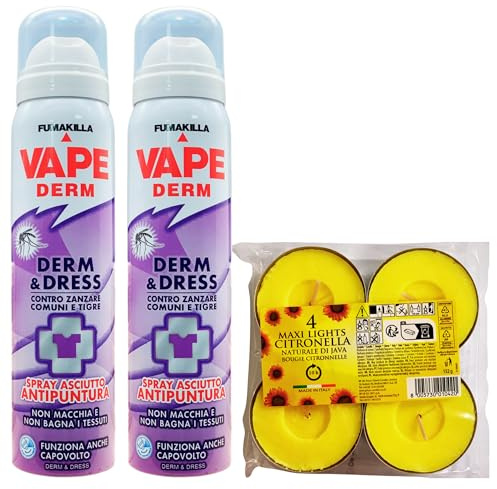 SET: 2x Spray Asciutto Antipuntura DERM & DRESS, Contro Zanzare Comuni e Tigri 100ml + Confezione Da 4 Maxi Candele Alla Citronella
