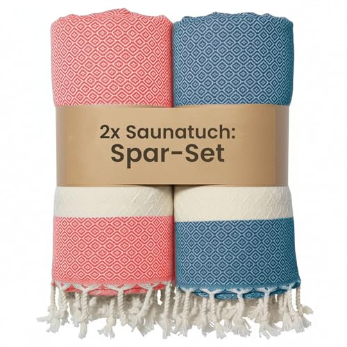 Saunahandtuch 2er Set - Damen Herren 100x200 cm (Baumwolle), 2x Saunatuch XXL, Hamamtuch groß 100 x 200 - lang, platzsparend, leicht - Sauna Hamam Strand Tuch Zubehör, Saunakilt Handtuch Strandtuch