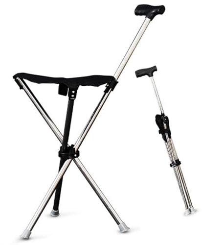 Bastone da passeggio con seduta, altezza 86 cm, pieghevole, per anziani, non regolabile, stampella portatile con 3 gambe