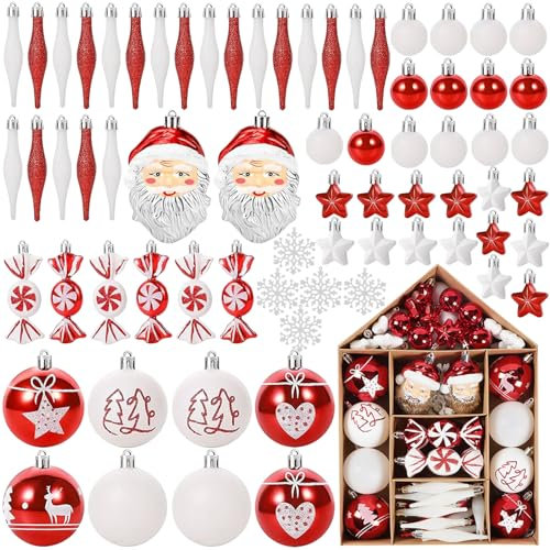 Boules de Noël 70 Pièce Boule Sapin de Noel,Noel Decoration Sapin Boules avec Ornements Suspendus Incassables Boules de Noël Décorations de Sapin Intérieure et Extérieure- Deco Noel (Rouge et Blanc)