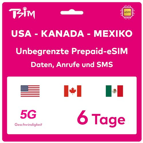 TSIM eSIM Prepaid für USA für 6 Tage | Unbegrenzte 4G/5G-Daten in den USA + unbegrenzte Daten bei niedriger Geschwindigkeit in Kanada und Mexiko | unbegrenzte Ortsgespräche + kostenlose eingehende