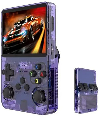 R36s Console di gioco con manico retrò da 3,5 pollici Retro IPS Console video con batteria da 3500 mAh, portatile tascabile tascabile Arcade 45 simulatori viola 64 128g TF Card, per adulti e bambini
