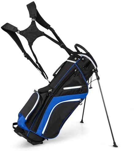 GYMAX Golf Stand Bag, 14 Way Golf Bag with 6 Pockets, Dual Shoulder Strap and Rain Hood, Lightweight Portable Golf Clubs Bag for Men Women