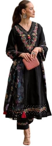 The Red Lion Enterprise women Anarkali Suit Alia cut kurti pant and Dupatta 3pc set salwar suit (US, Alpha, Large, Regular, Regular, Black)