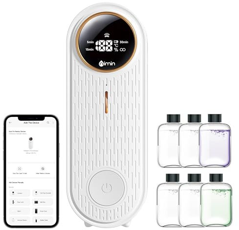 Waterless Essential Oil Diffuser with Bluetooth & App Control, Aromatherapy Diffuser with 6 Essential Oils, Room Temperature Display, Automatic Air Freshener for Home, Bathroom, Toilet & Pet Areas