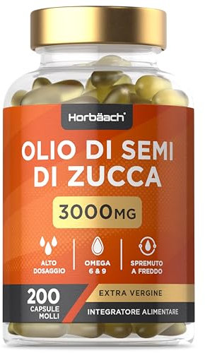 Olio di Semi di Zucca Capsule 3000 mg | Pumpkin Seed Oil Integratore | Spremuto a freddo ed extravergine | 200 capsule molli | Horbaach