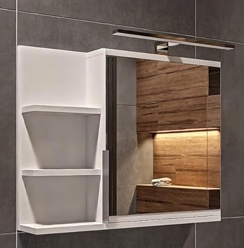 FreshYou Spiegelschrank 60x50 Weiß, Badezimmerschrank mit Ablagen, Badezimmerspiegel, Hängeschrank LED Lampe - Links