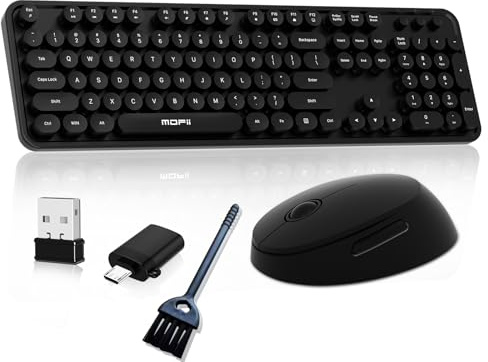 Wireless Keyboard and Mouse, COOFUN Cute Colorful 104 Keys Full Size Typewriter Keyboards Retro Cordless Key Board Ergonomic Keyboards and Mouse Wireless for Windows, PC, Laptop, Desktop (Black)