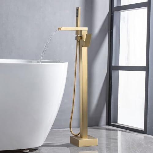 BiaoTeng Mischbatterie Freistehende Badewanne Wasserfall Heiß und Kalt Messing Badewannenarmatur für Freistehende Badewanne Gold Gebürstet