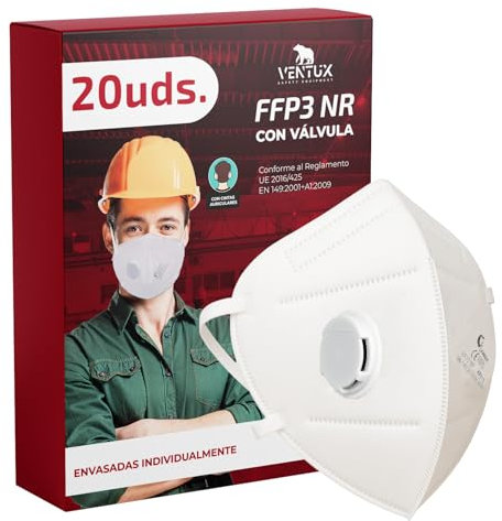 VENTUX SAFETY EQUIPMENT Pack de 20 Unidades - Mascarilla FFP3 con Válvula de Exhalación – Certificación CE – Filtración ≥99% – Desechable – Protección Respiratoria Profesional – Color Blanco