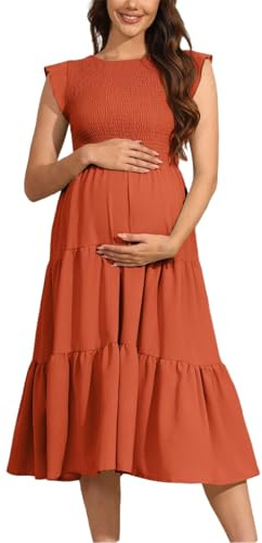 Foweknow Robe de maternité pour femme enceinte - Manches froncées - Robe midi élégante - Jupe dégradée - Robe de loisirs - Robe de grossesse respirante - Vintage - Robe d'été festive, Orange, M