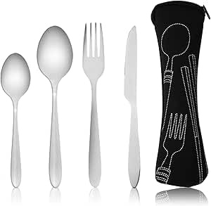 Ensemble de 4 couverts avec étui portable, couverts en acier inoxydable, ensemble d'ustensiles de camping avec sac en néoprène pour l'extérieur, voyage, pique-nique, bureau, école, boîte à déjeuner