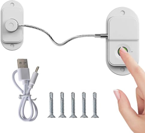 Kühlschrank Schloss mit Fingerabdruck – Kindersicherung Ohne Bohren, Schranksicherung Baby, Fenstersicherung Kinder, USB-Laden – Biometrisches Sicherheitsschloss mit Schnellentsperrung (Weiß)