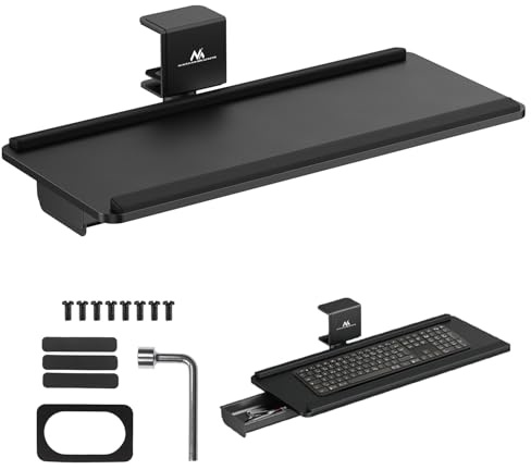 Maclean MC‑108 B Tastaturhalter unter Schreibtisch | Einstellbare Neigung und Kurbel + Handgelenkauflage & Schublade | Clipmontage ohne Bohren | Kompakte ergonomische Schwarze Bühne