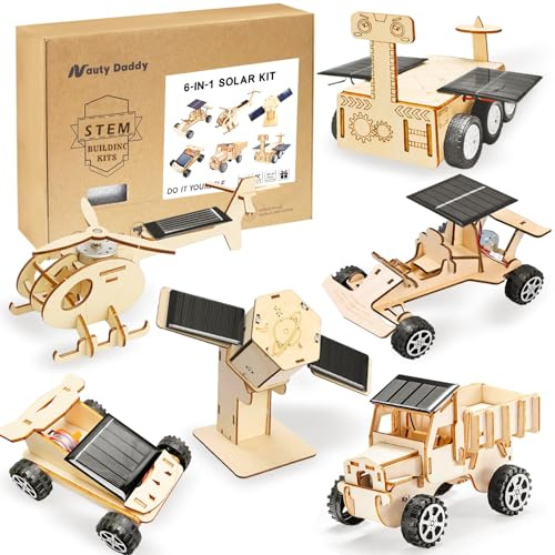 NautyDaddy 6-in-1 Solar STEM Wooden Building Kit for Kids Ages 6-14 | 6 solar models, solar car projects, satellite, helicopter, wooden DIY parts, no batteries, home and classroom