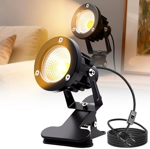 LED Spot Klemmstrahler mit Stecker und Schalter, 10W COB LED Strahler Warmweiß, Schreibtischlampe, Gartenstrahler Pflanzen Spotlight, LEDKlemmspot mit 1,8m Kabel für Innen und Außen (Warmweiß)