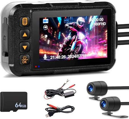 CAMECHO Moto Dash Cam 3 Pollici Schermo con 64GB TF Scheda, IP67 Impermeabile Doppia Telecamere Grandangolare 120 Gradi 90 Gradi Fotocamera per Moto con HDR, G-Sensor, Registrazione in Loop