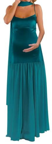 AHERKLL Spagettiremmar rock moderskapsklänning för fotografering med halsduk satin underkläder baby shower graviditetsklänning HAH066, Påfågel, 54 stor