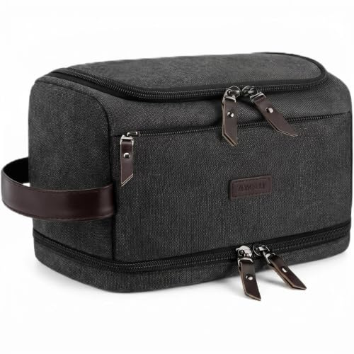 ZOMFELT Borsa da Beauty Case Uomo, Doppio Strato Tela, Organizer da Viaggio Impermeabile con Elastici, Grande Capacità, Necessaire da Barba e Igiene Appendibile, Nero
