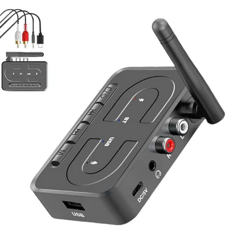 Receptor Bluetooth 6.0 para coche con puerto RCA, AUX y USB, cancelación de ruido, adaptador de coche AUX Bluetooth de 3.5 mm, adaptador de audio inalámbrico funciona con teléfonos inteligentes