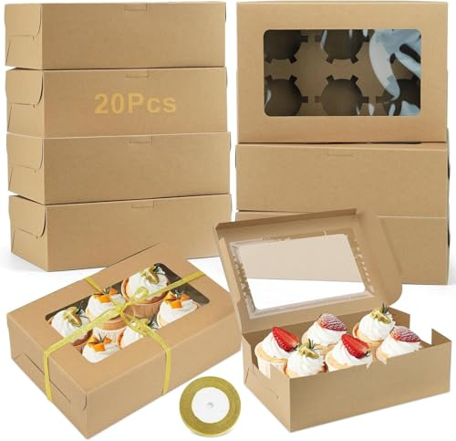 Förpackning med 20 rektangulär tårttransportlåda, 6 hål cupcake-transportlåda, muffinslåda med transparent fönster och skiljeväggar för bröllop, födelsedagsfest, familjefester (kraftpappersbrun)