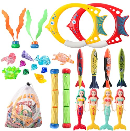 Clvsyh Set di Giocattoli per Immersioni Subacquee, Giocattolo per Piscina per Bambini, Bastoncini e Anelli per Immersioni da Sirena, Tesori dei Pirati con Sacchetto a Cordoncino, Set di Giocattoli per