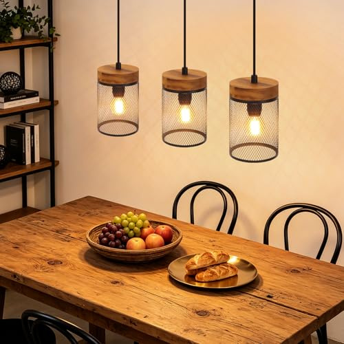 ZMH Pendelleuchte esstisch Holz Schwarz Vintage Hängelampe 3 flammig E14 | Hängeleuchte im industrial Style Esstischlampe Retro Pendellampe für Wohnzimmer Esszimmer Küche - Ohne Leuchtmittel