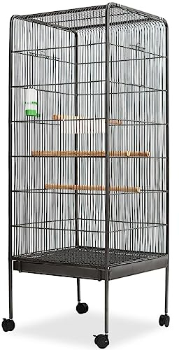 QUAHEAS Fågelbur, voljär av stål med trästänger och hjul, 54 x 54 x 146 cm, stor fristol för papegoja, undulat, kanariefågel, nymfparakiter, med foderskål, vattendispenser och låda