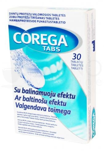 Corega- Whitening Dental Cleaning Tablets, 30pcs, Bio Formula Soluble Tablets, for Cleaning Dentures, (Pack of 1)