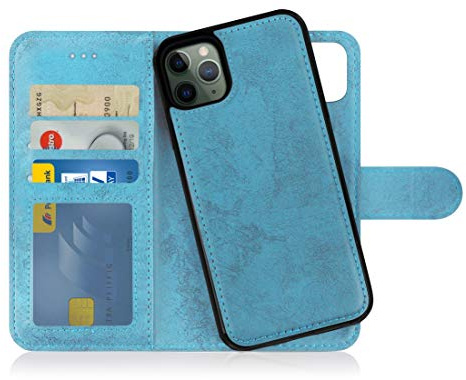 MyGadget Flip-fodral för iPhone 11 Pro Max - [avtagbart magnetfodral] - mobilfodral av konstläder - [flipfodral med kortplats] skyddsfodral i ljusblått